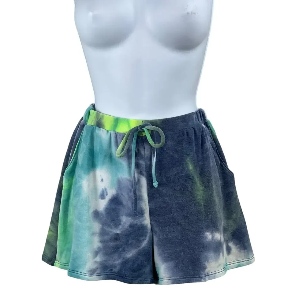 New Shopin LA Blue Green Multi Tie Dye Elastic Waist Sweat Shorts L Gorpcore